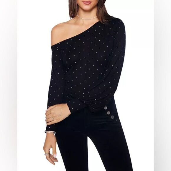 NWT New RAMY BROOK Alice One Shoulder Jersey Dressy Top Black Silver Studs M - Picture 1 of 5